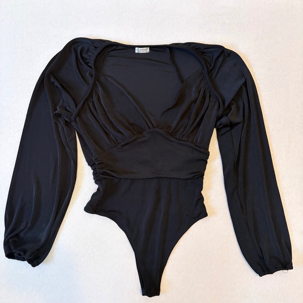 Intimately Free People Black Ruched V-Neck Long Sleeve Bodysuit Medium